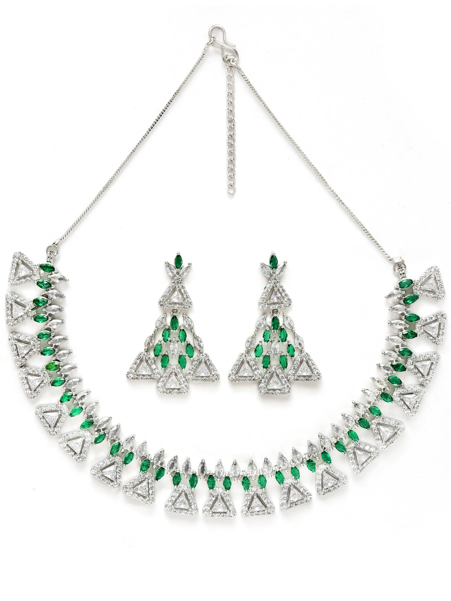 Karatcart Silver Plated Triangle Shape Green Cubic Zirconia Studded Necklace Set for Women