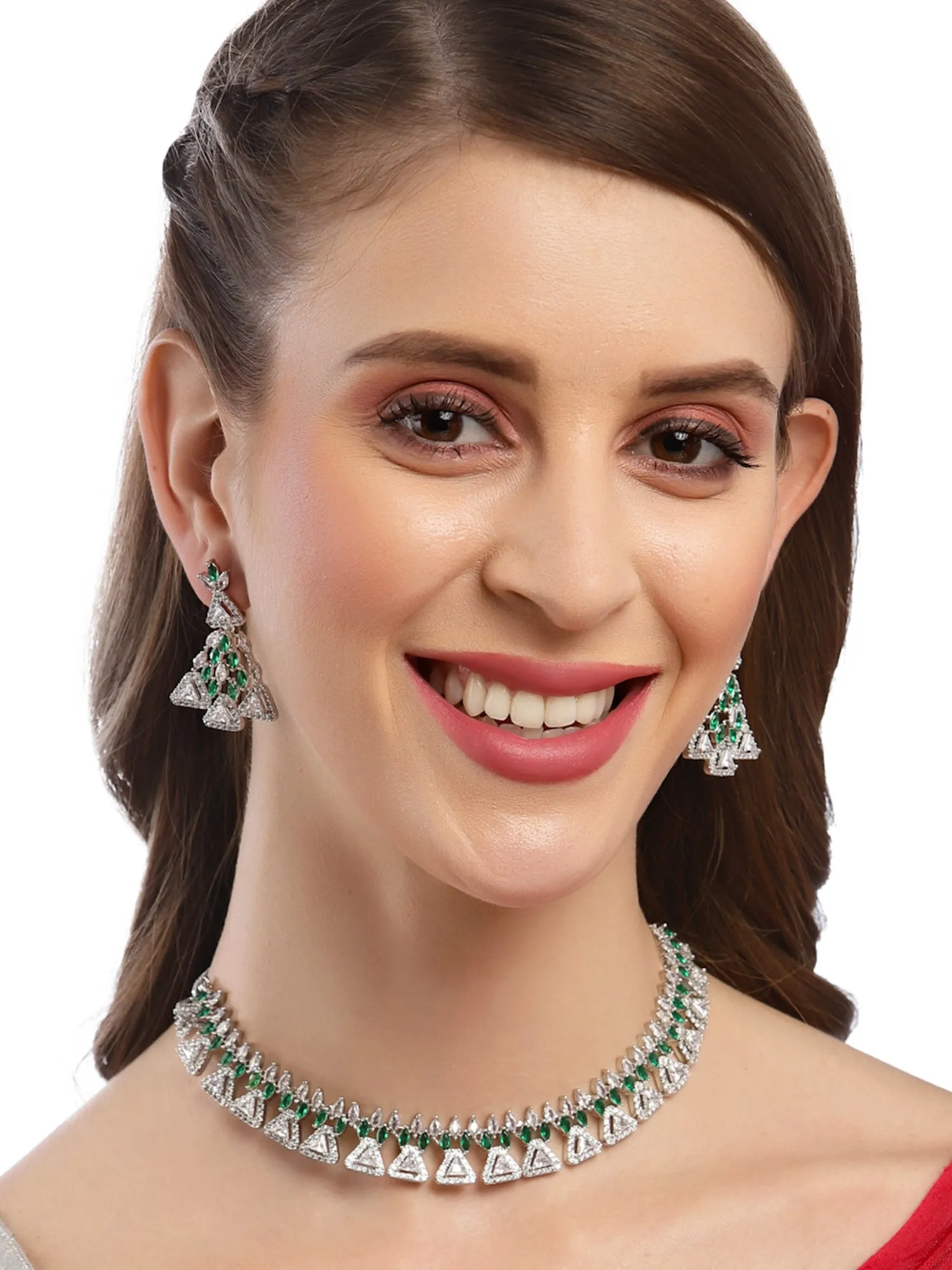 Karatcart Silver Plated Triangle Shape Green Cubic Zirconia Studded Necklace Set for Women