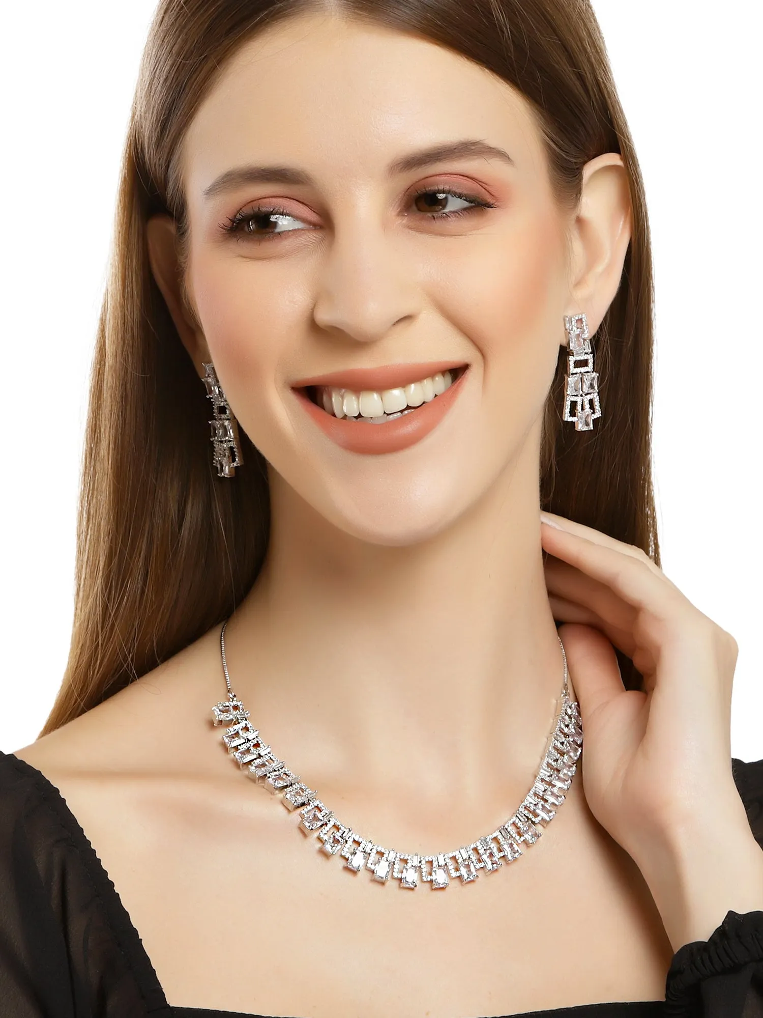 Karatcart Silver Tone American Diamond Studded Necklace Set For Women