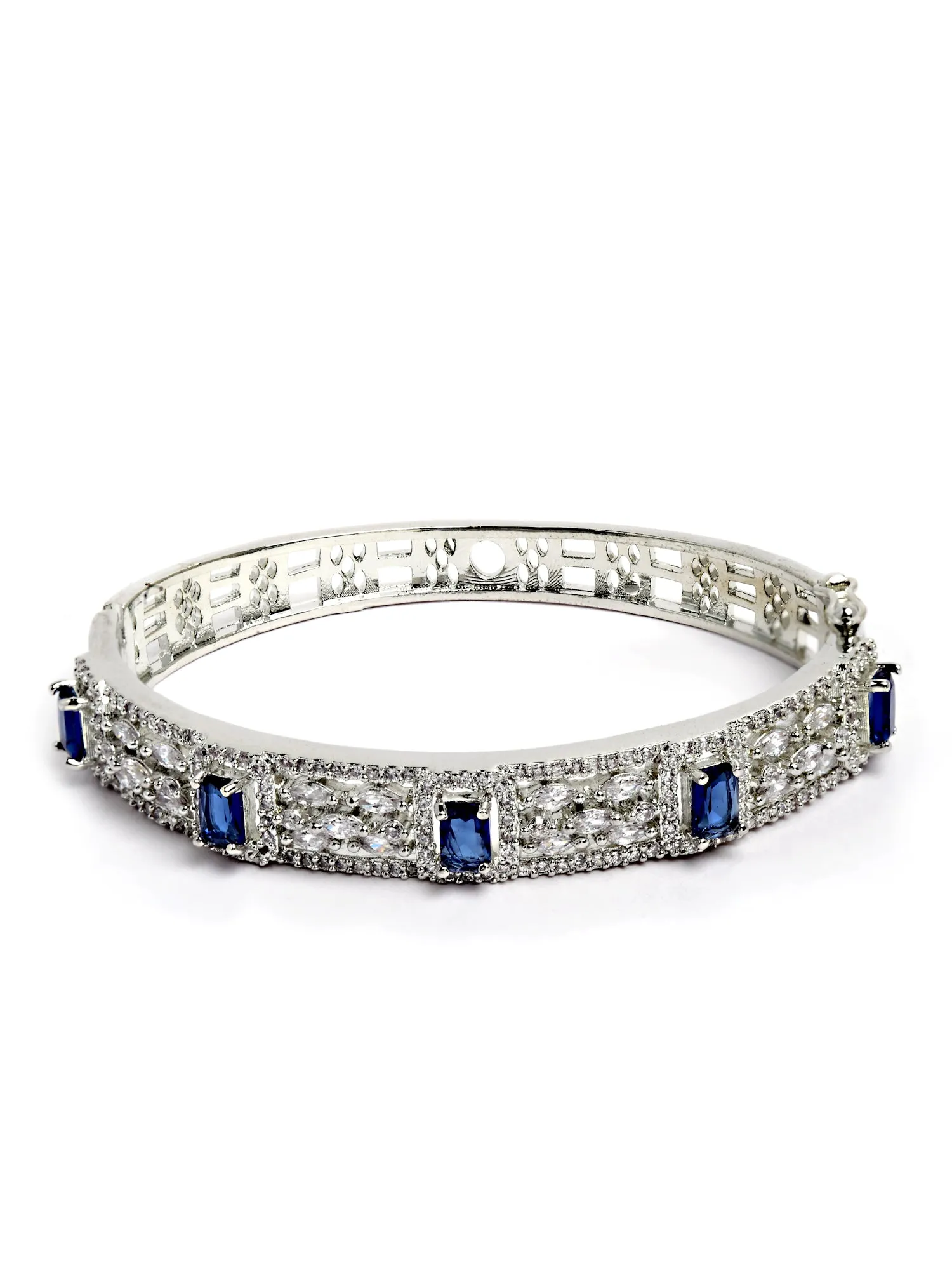 Karatcart Silver Tone Blue American Diamond Studded Bracelet for Women
