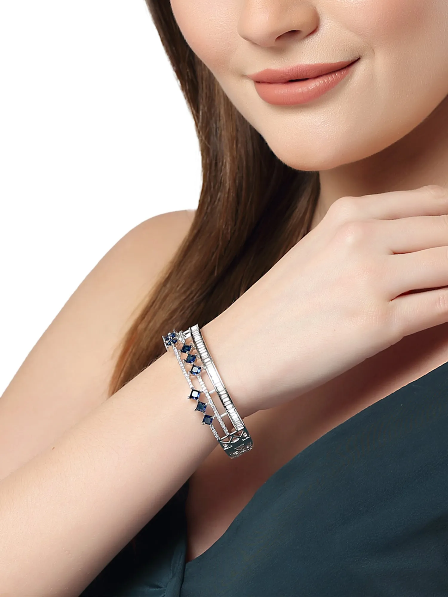 Karatcart Silver Tone Blue American Diamond Studded Bracelet for Women