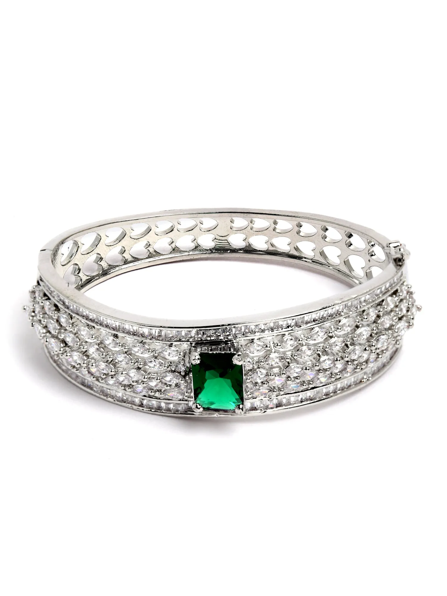 Karatcart Silver Tone Green American Diamond Studded Bracelet for Women