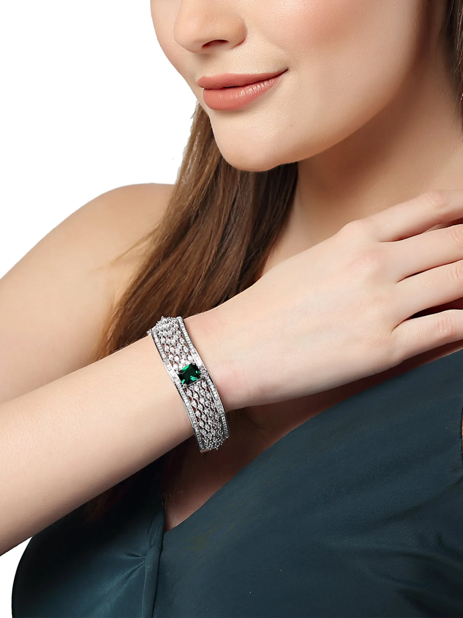 Karatcart Silver Tone Green American Diamond Studded Bracelet for Women