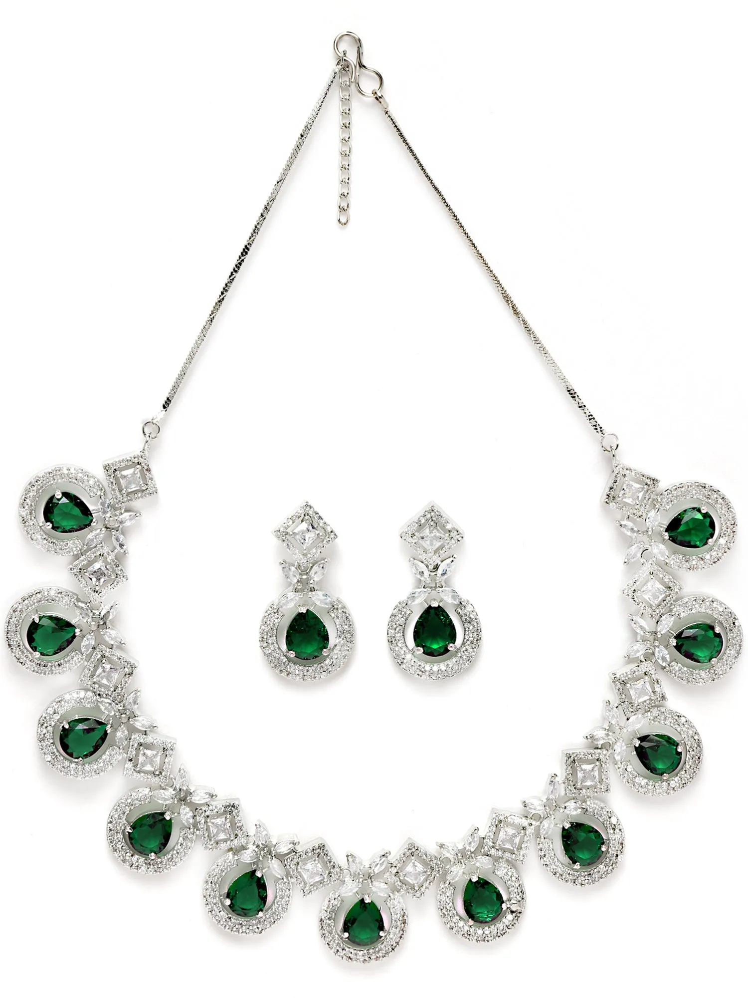 Karatcart Silver Tone Green American Diamond Studded Necklace Set for Women