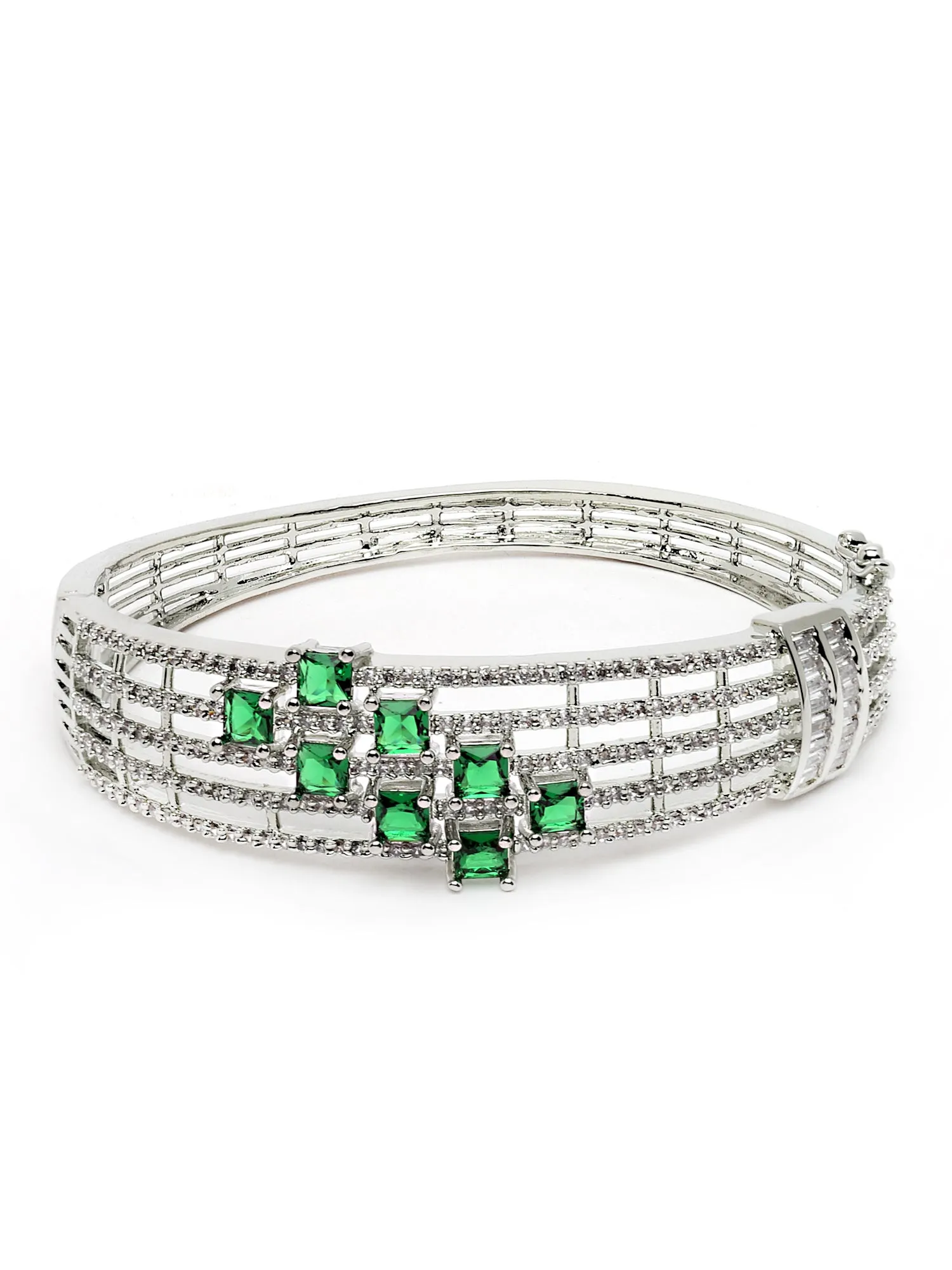 Karatcart Silver Tone Green CZ and American Diamond Studded Bracelet for Women