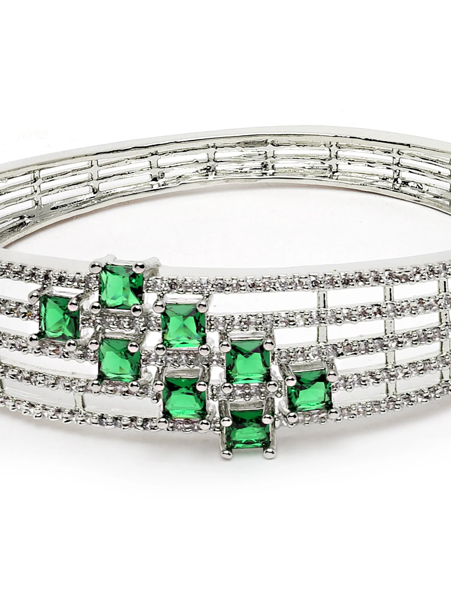 Karatcart Silver Tone Green CZ and American Diamond Studded Bracelet for Women