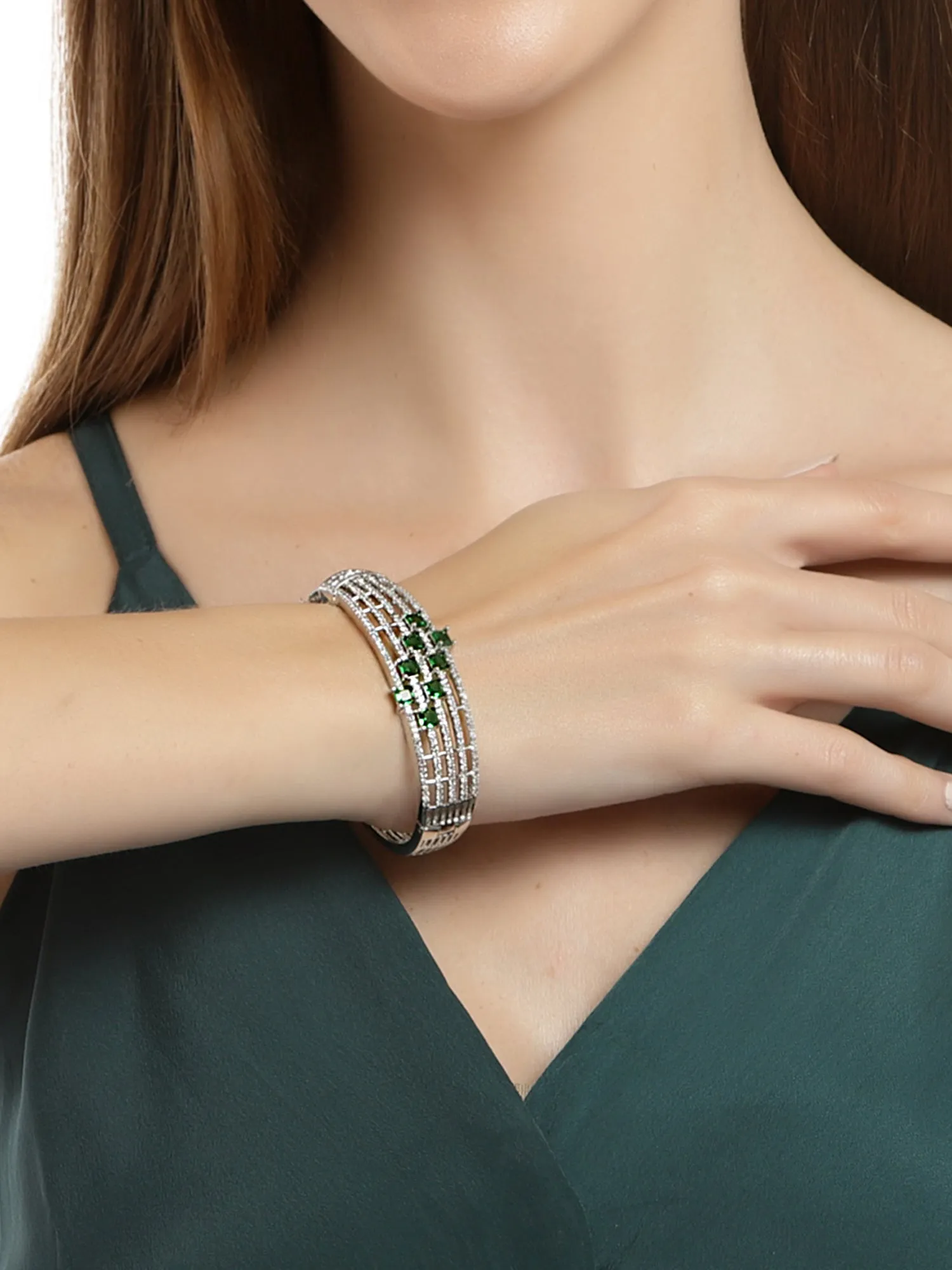 Karatcart Silver Tone Green CZ and American Diamond Studded Bracelet for Women