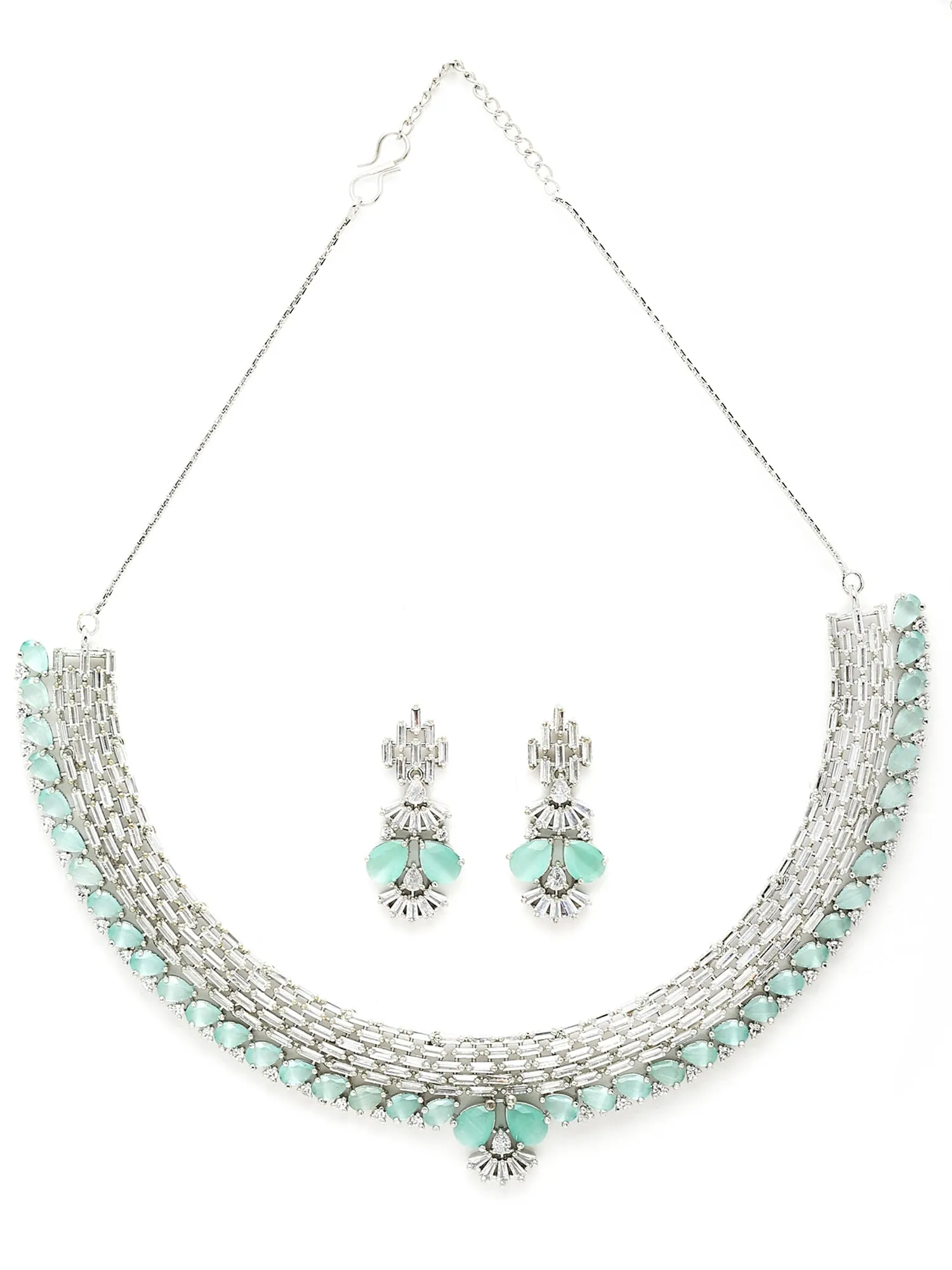 Karatcart Silver Tone Light Green American Diamond Studded Necklace Set For Women