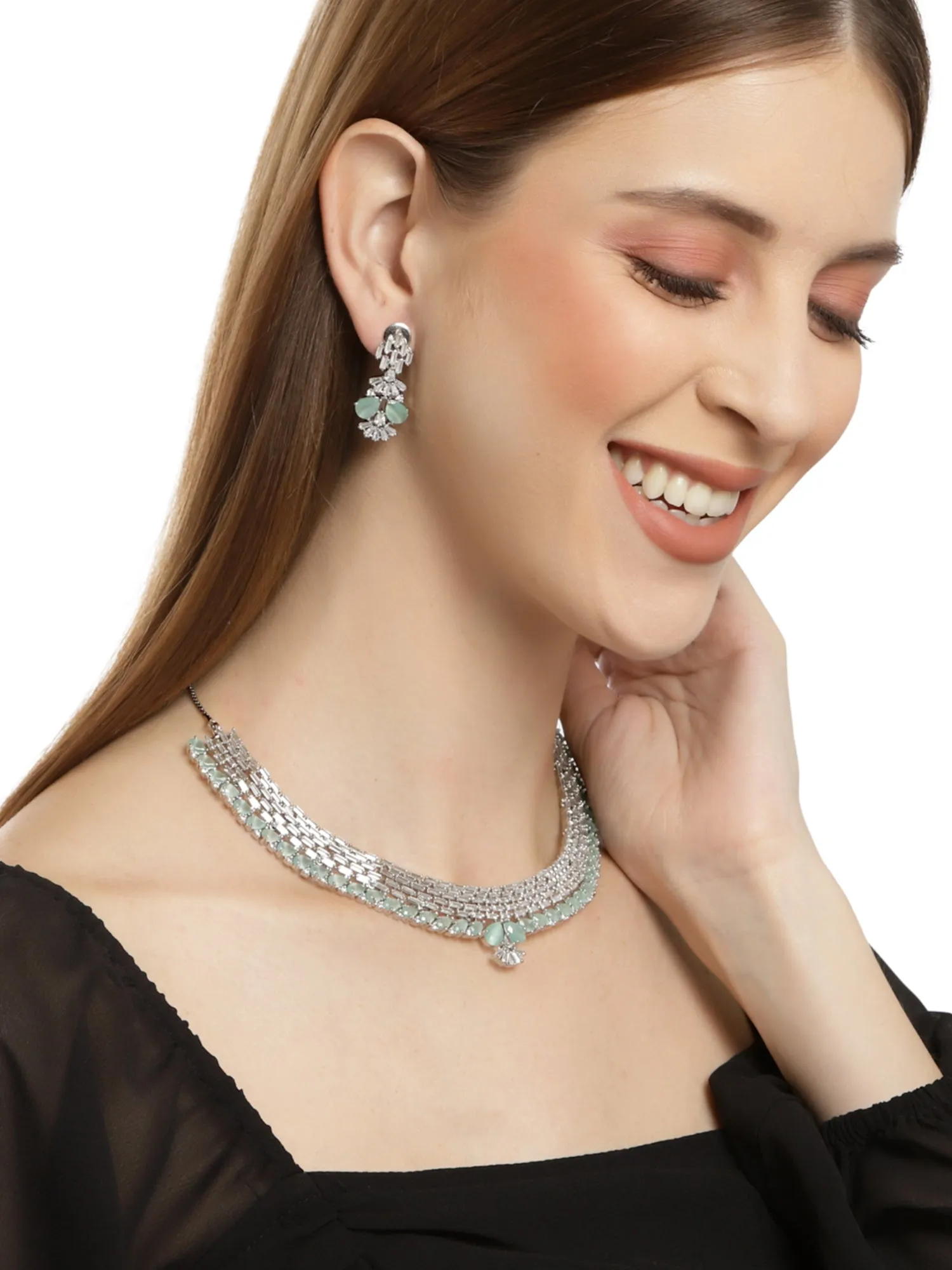 Karatcart Silver Tone Light Green American Diamond Studded Necklace Set For Women