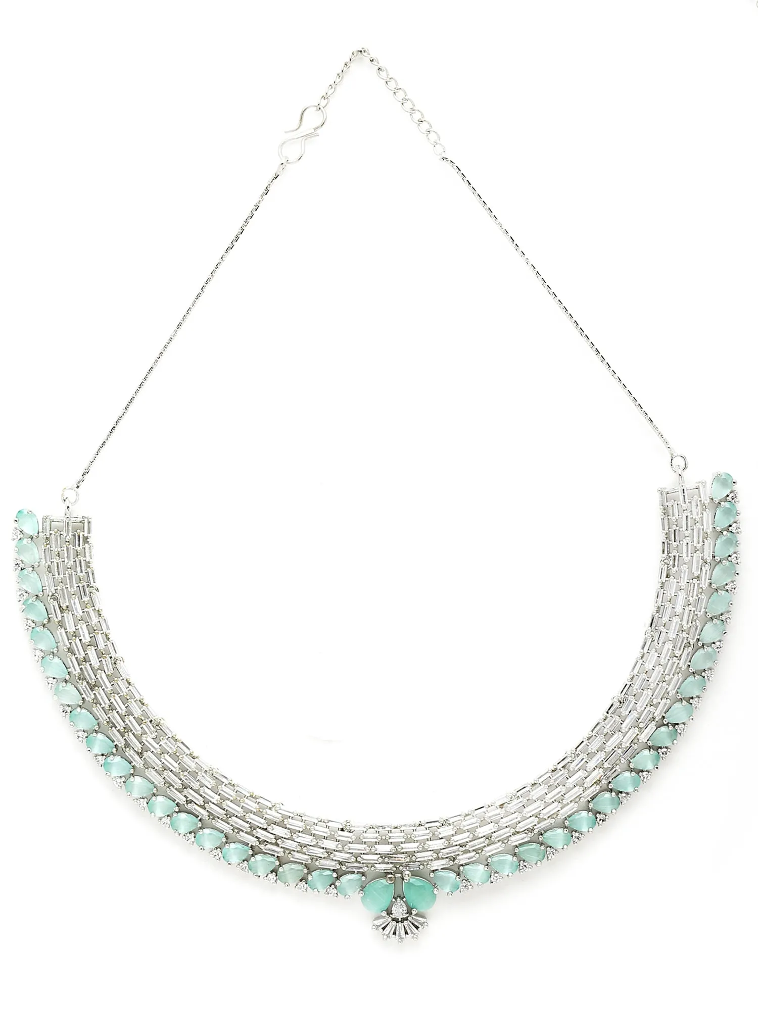Karatcart Silver Tone Light Green American Diamond Studded Necklace Set For Women