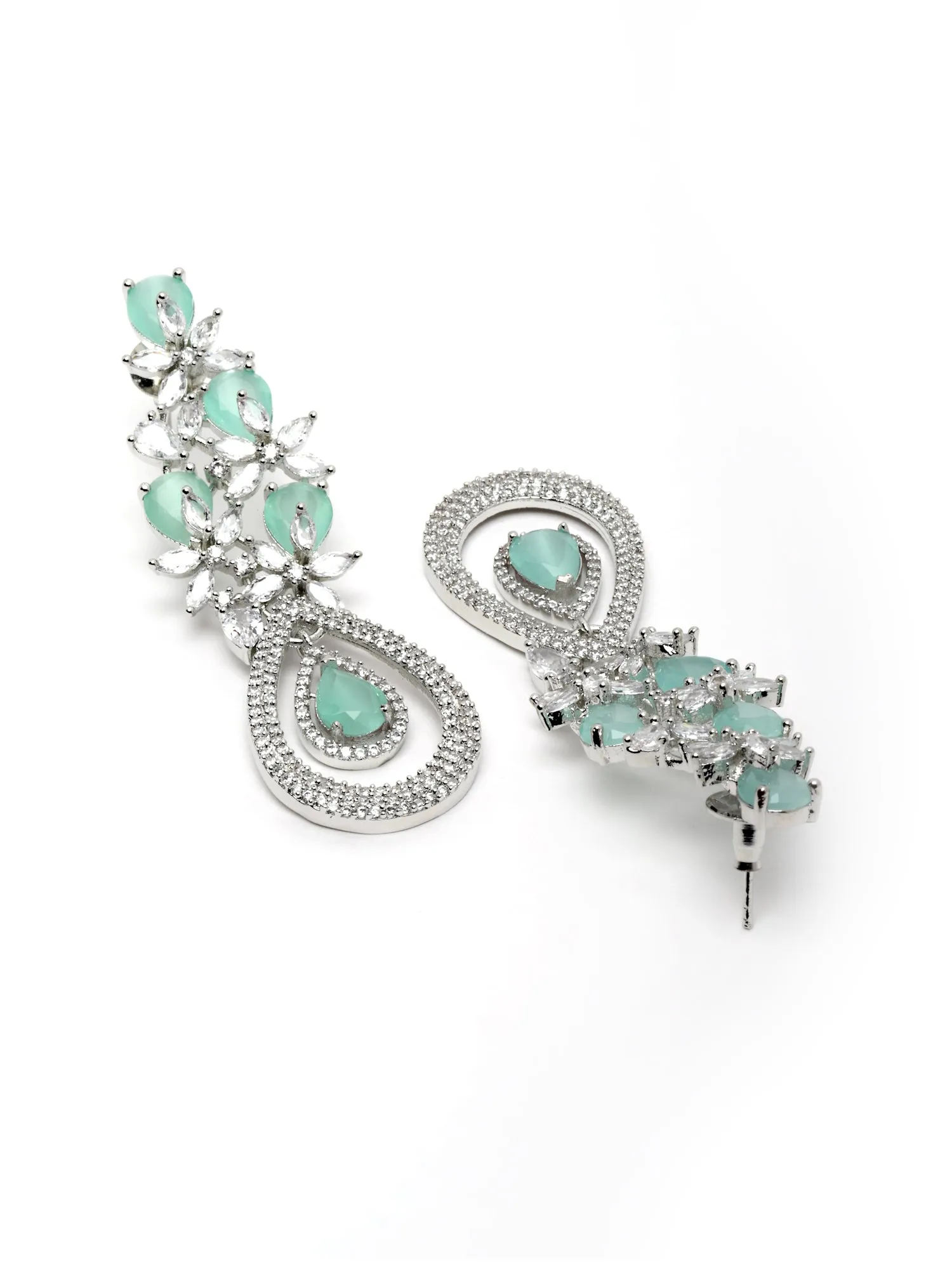 Karatcart Silver Tone Lime Green American Diamond Studded Drop Earrings for Women