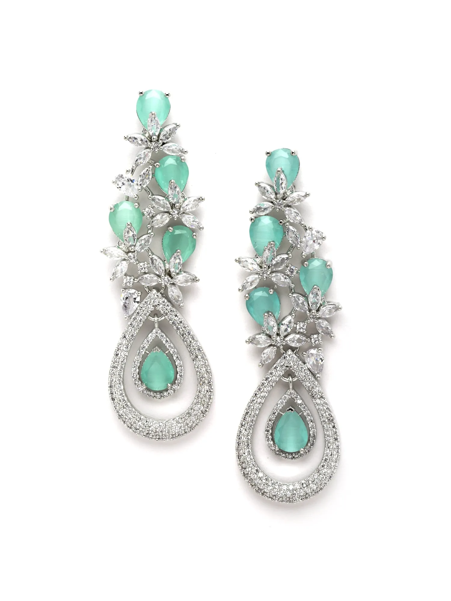 Karatcart Silver Tone Lime Green American Diamond Studded Drop Earrings for Women