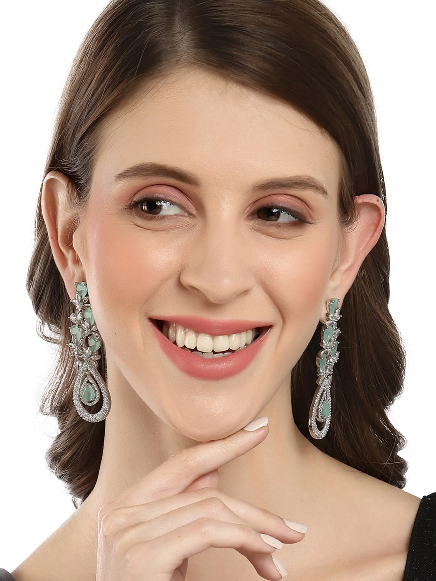 Karatcart Silver Tone Lime Green American Diamond Studded Drop Earrings for Women