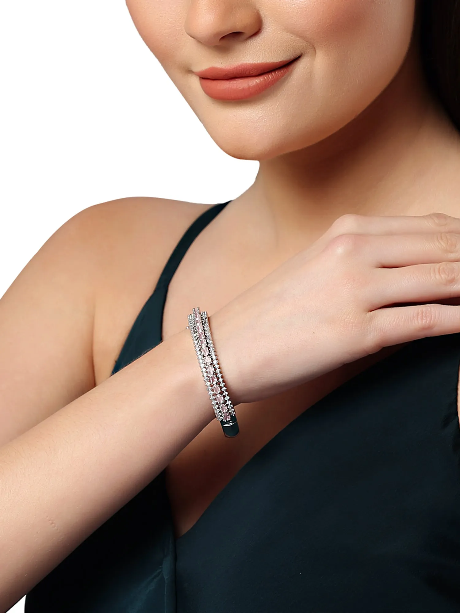 Karatcart Silver Tone Pink American Diamond Studded Bracelet for Women