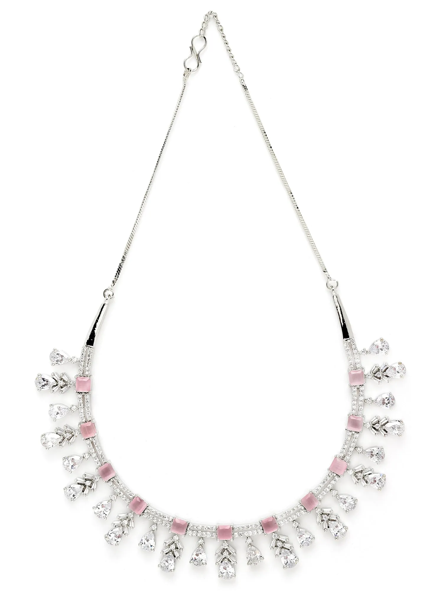 Karatcart Silver Tone Pink Cubic Zirconia Studded Leaf Shape Necklace Set For Women