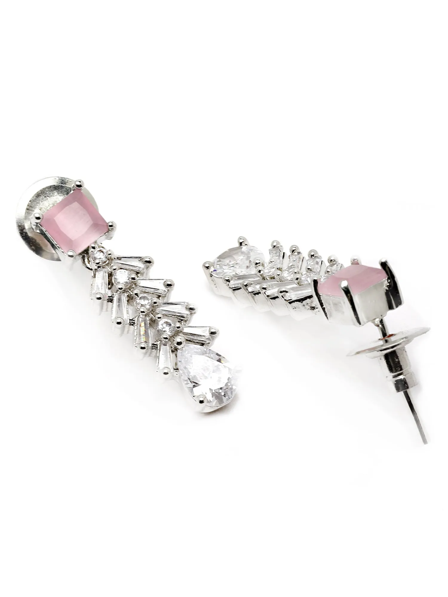 Karatcart Silver Tone Pink Cubic Zirconia Studded Leaf Shape Necklace Set For Women