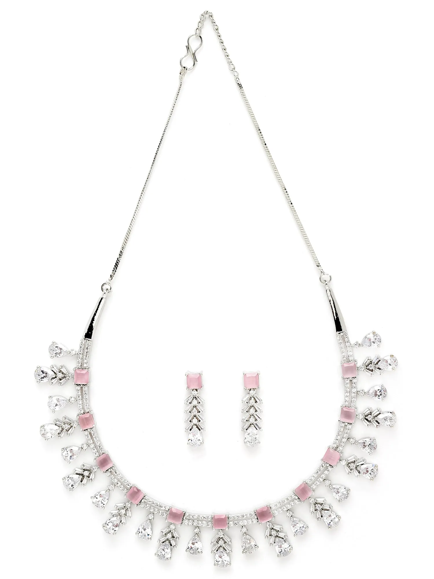 Karatcart Silver Tone Pink Cubic Zirconia Studded Leaf Shape Necklace Set For Women