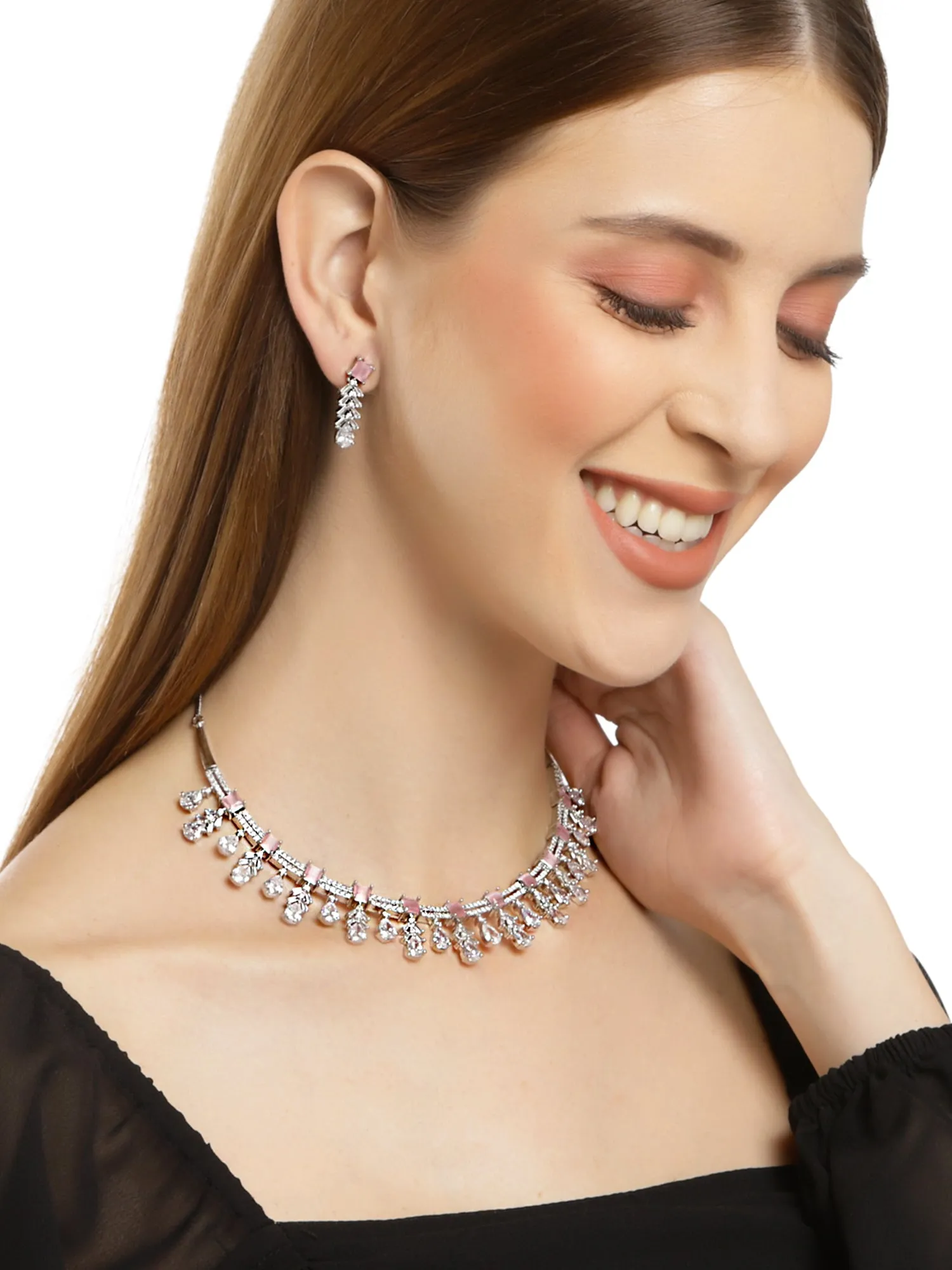 Karatcart Silver Tone Pink Cubic Zirconia Studded Leaf Shape Necklace Set For Women