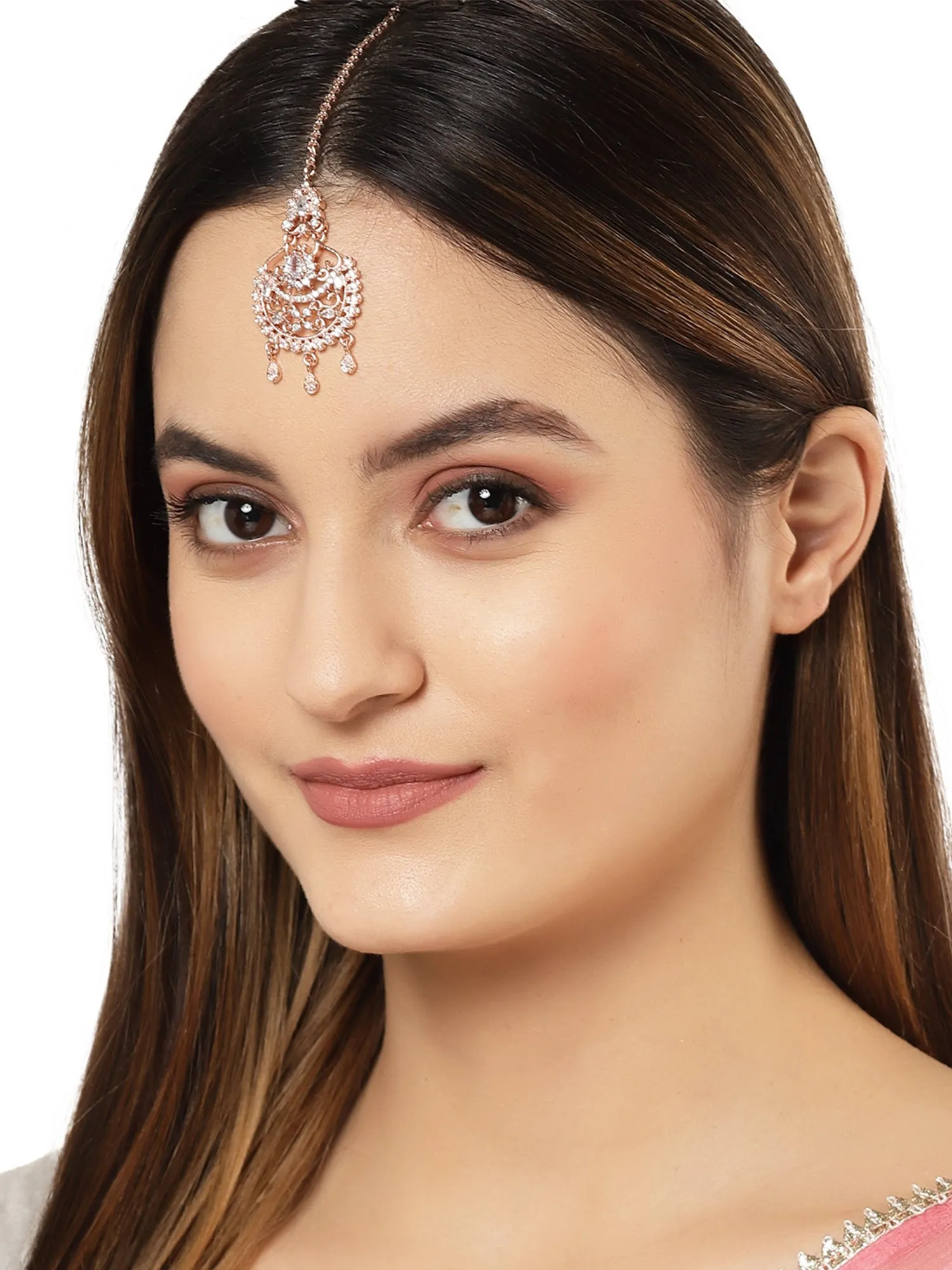 Karatcart Traditional Rose Gold-Plated Cubic Zirconia Studded Maangtikka for Women