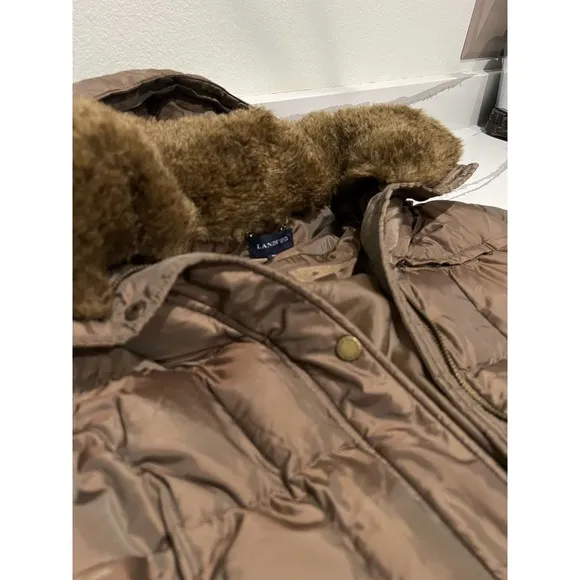 Land's End Down Long Puffer‎ Jacket Olive Gold Size Medium Rust Color Winter