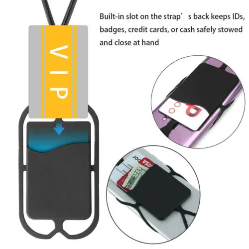 Lanyard Cell Phone Neck Strap Case Cover Card Holder for iPhone Samsung black