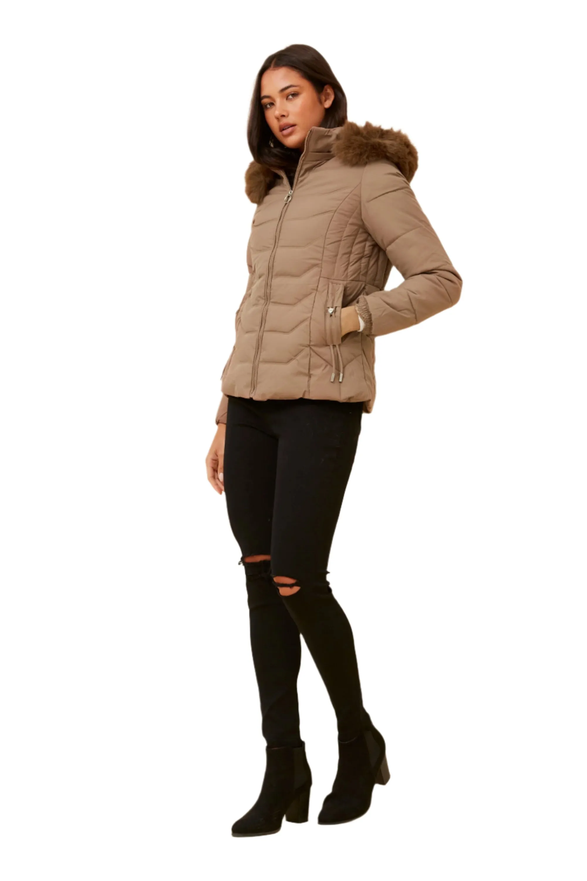 LATTE FAUX FUR PUFFER JACKET