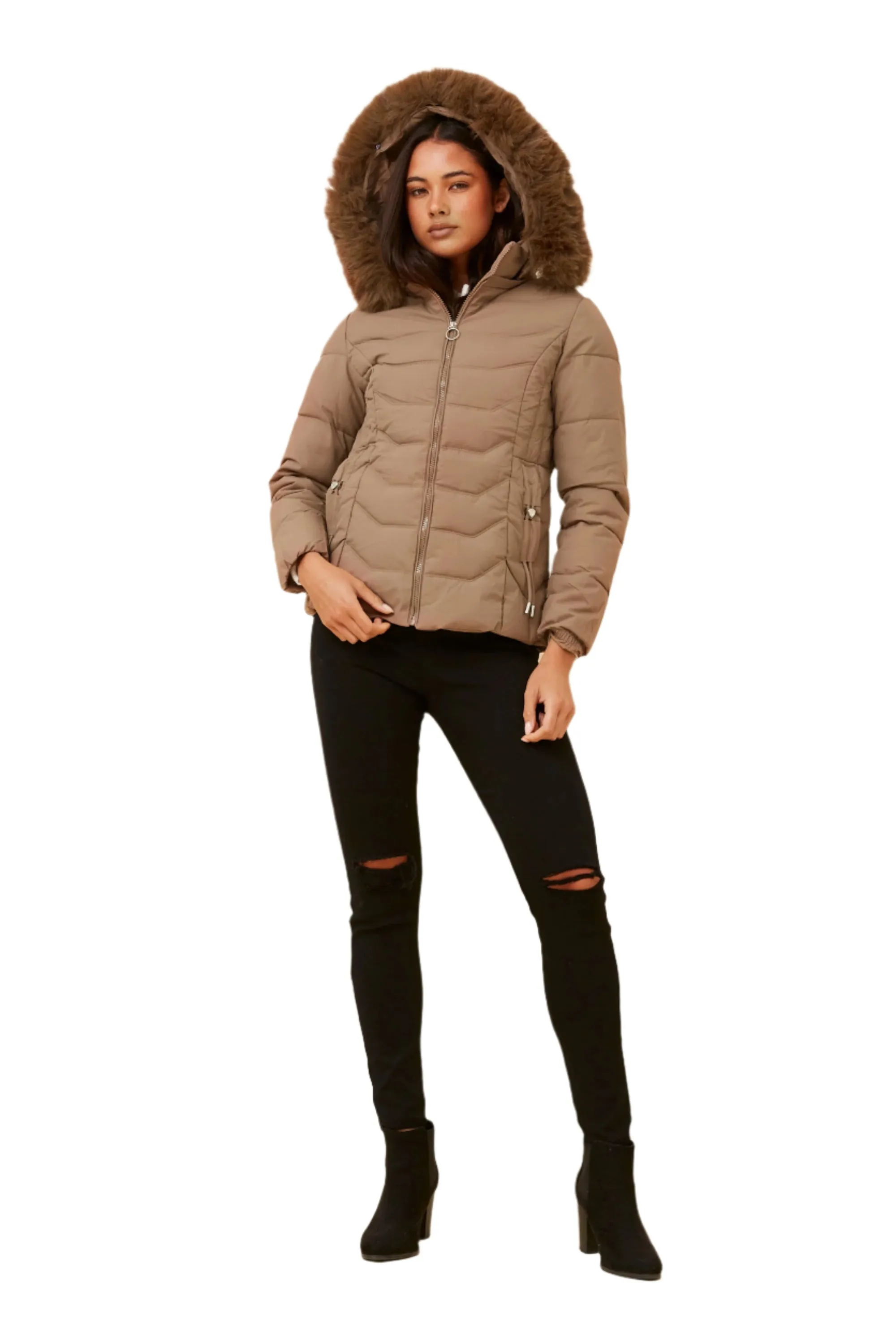 LATTE FAUX FUR PUFFER JACKET