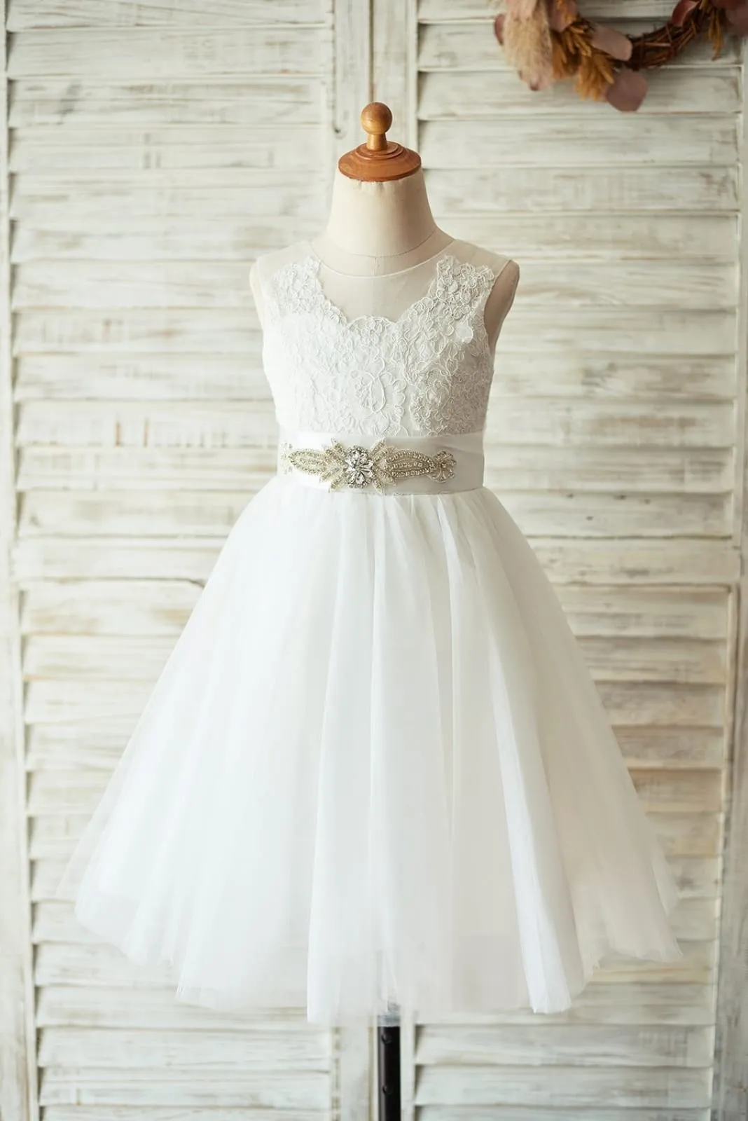 Light Champagne / Ivory Lace Tulle Sheer Back Wedding Flower Girl Dress, Belt