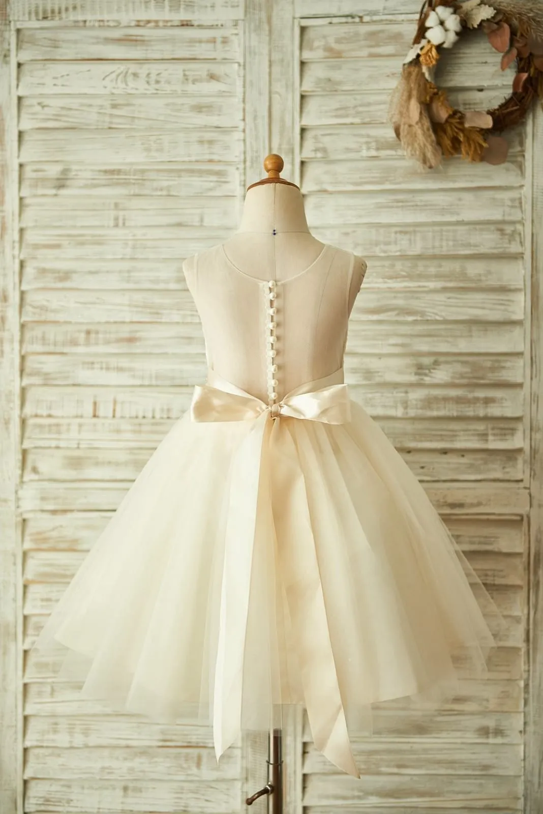 Light Champagne / Ivory Lace Tulle Sheer Back Wedding Flower Girl Dress, Belt