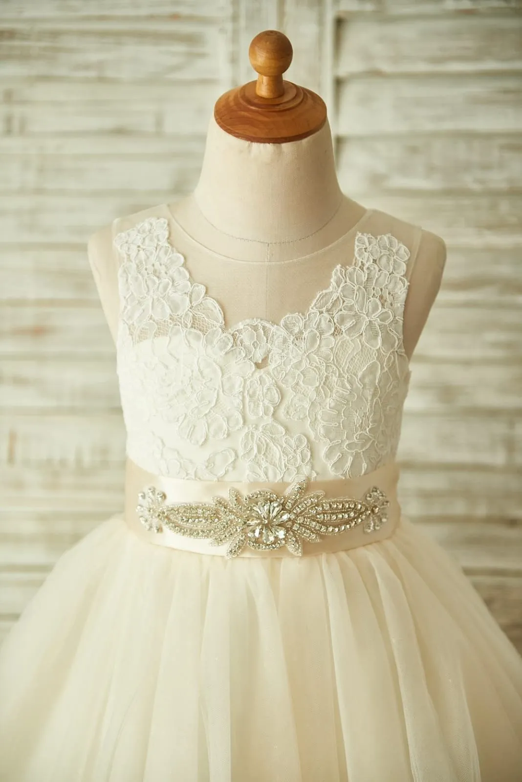 Light Champagne / Ivory Lace Tulle Sheer Back Wedding Flower Girl Dress, Belt