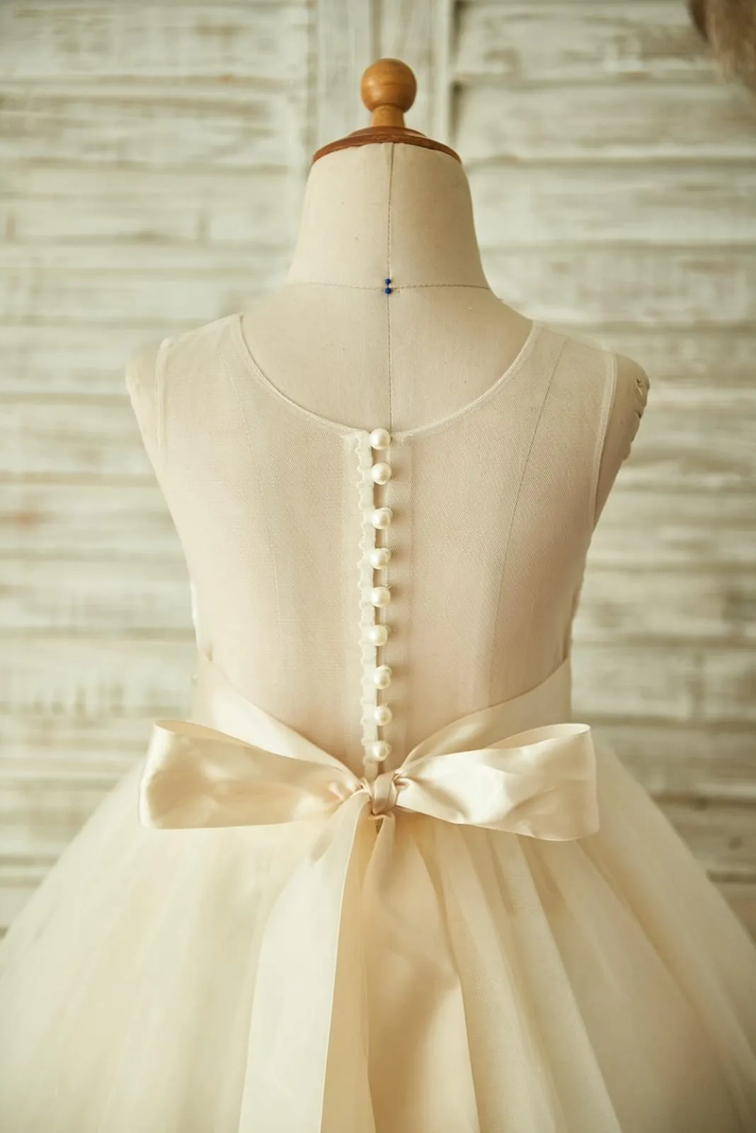 Light Champagne / Ivory Lace Tulle Sheer Back Wedding Flower Girl Dress, Belt