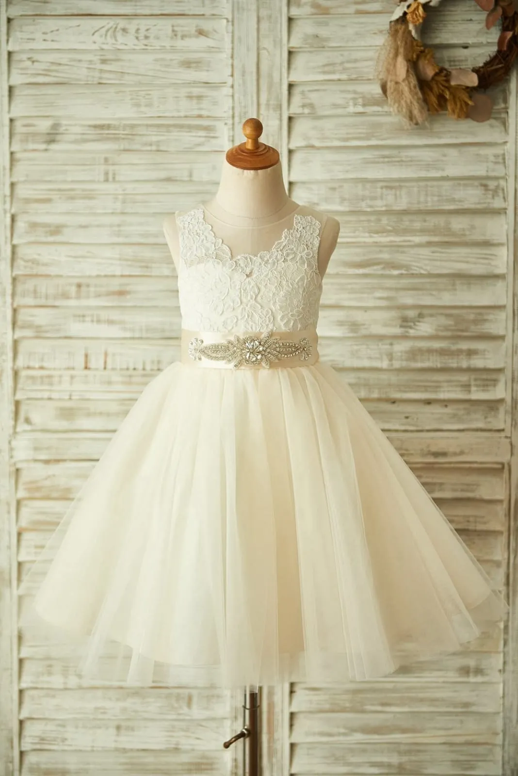 Light Champagne / Ivory Lace Tulle Sheer Back Wedding Flower Girl Dress, Belt