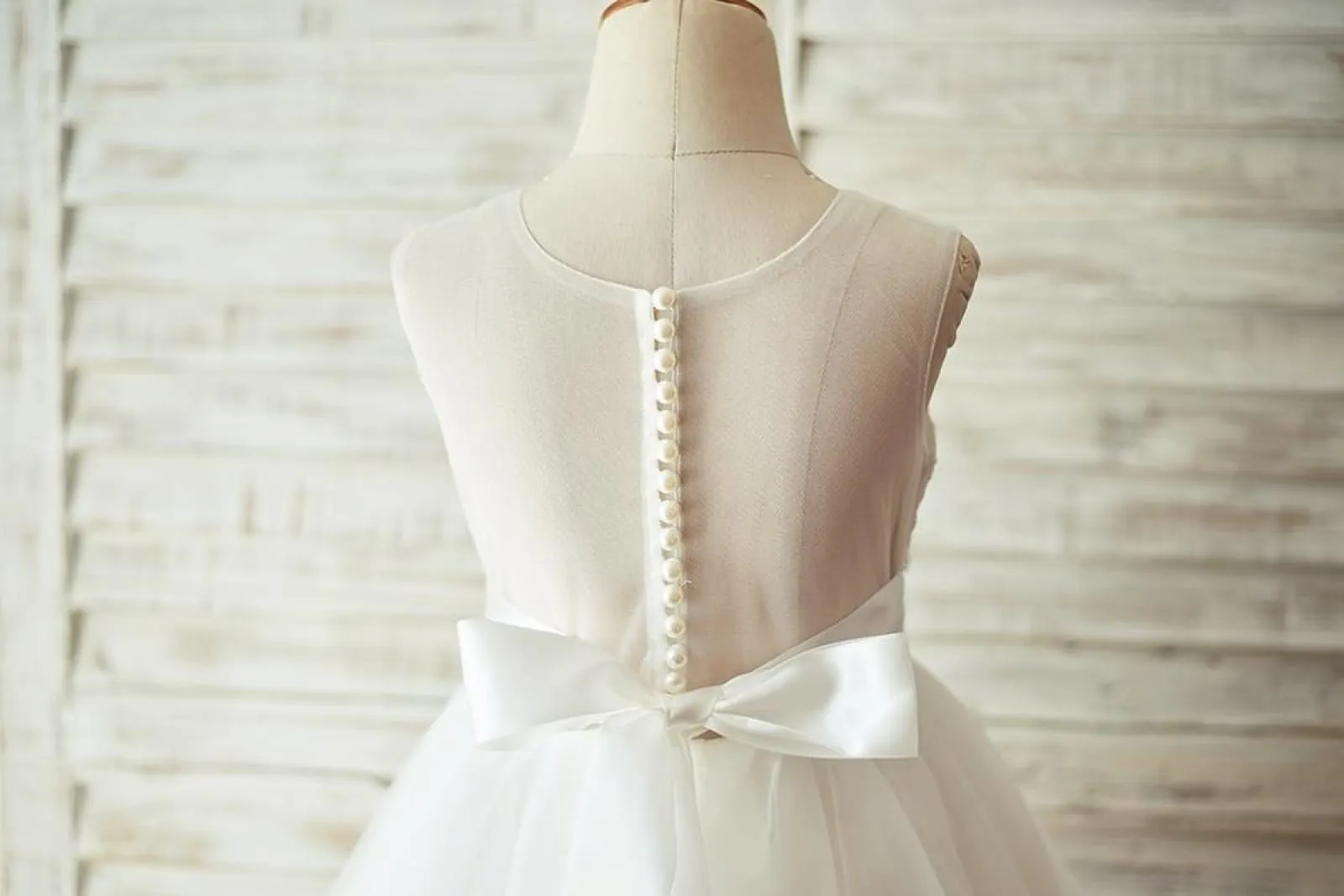 Light Champagne / Ivory Lace Tulle Sheer Back Wedding Flower Girl Dress, Belt