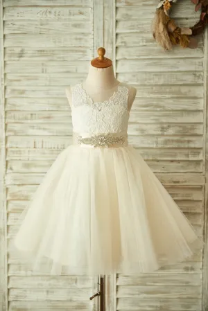 Light Champagne / Ivory Lace Tulle Sheer Back Wedding Flower Girl Dress, Belt