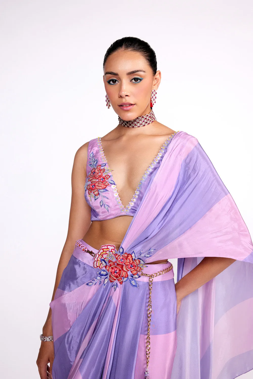 Lilac Color Block Embroidrerd Drape Saree