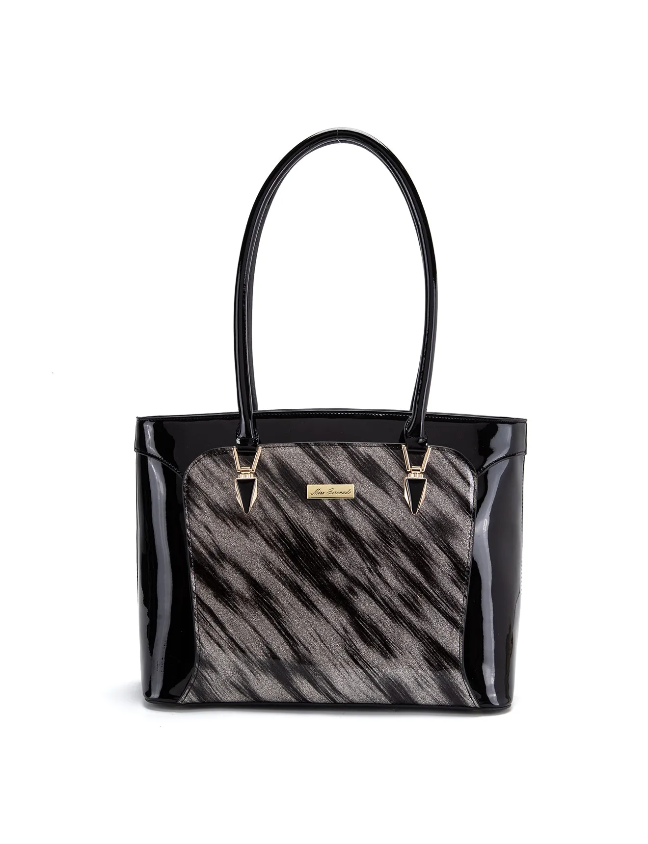 LYRA VEGAN PATENT BAG- XB-2413-SIL/BLK