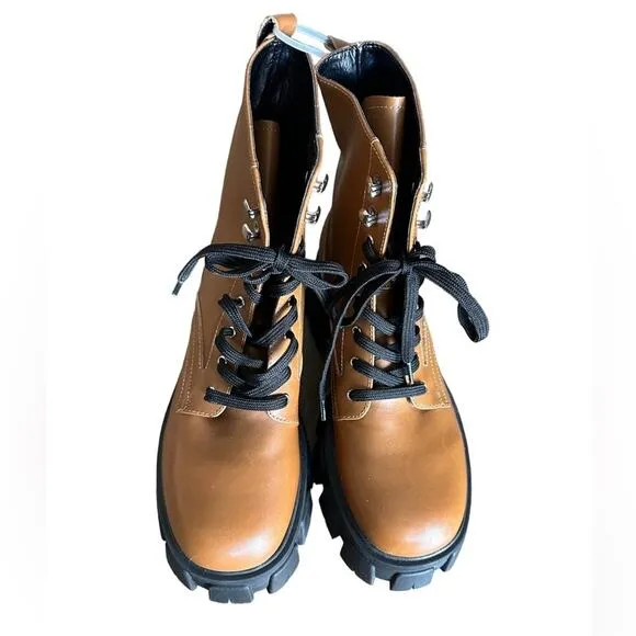 Marc Fisher NEW LTD Happy Combat Lace Up Boot in Cognac Leather Brown Size 9.5