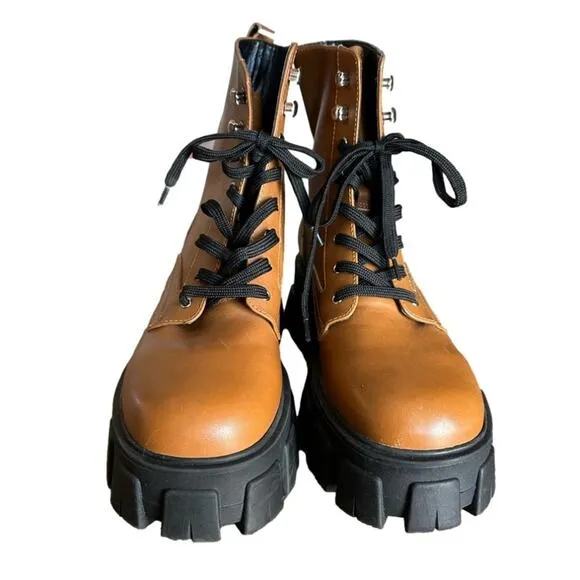 Marc Fisher NEW LTD Happy Combat Lace Up Boot in Cognac Leather Brown Size 9.5