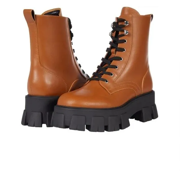 Marc Fisher NEW LTD Happy Combat Lace Up Boot in Cognac Leather Brown Size 9.5