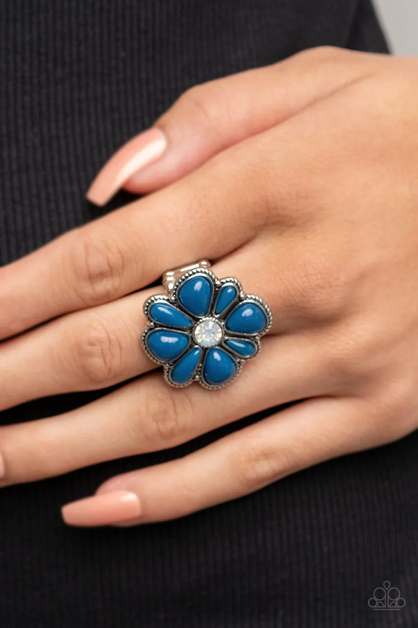 Meadow Mystique - Blue - Beaded Petals White Rhinestone Center Flower Paparazzi Ring