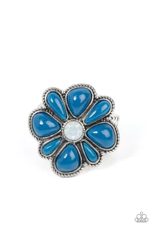 Meadow Mystique - Blue - Beaded Petals White Rhinestone Center Flower Paparazzi Ring