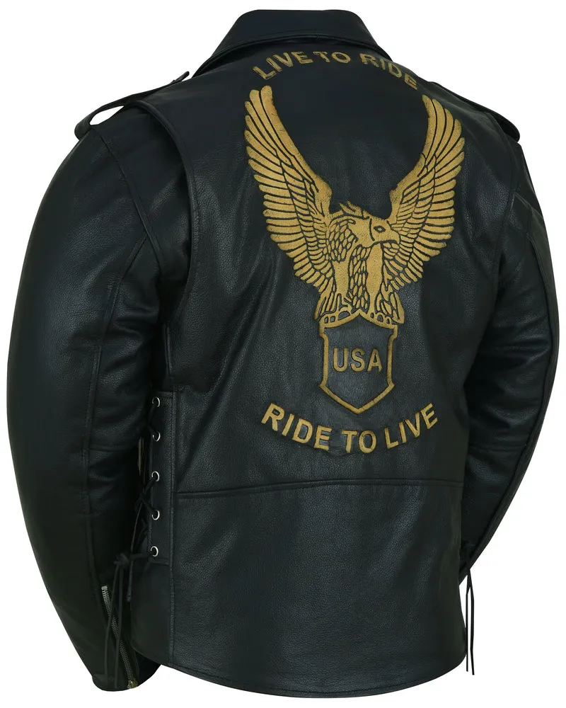 Men's Eagle Embossed Leather Jacket - Live to Ride, Ride to Live, Black