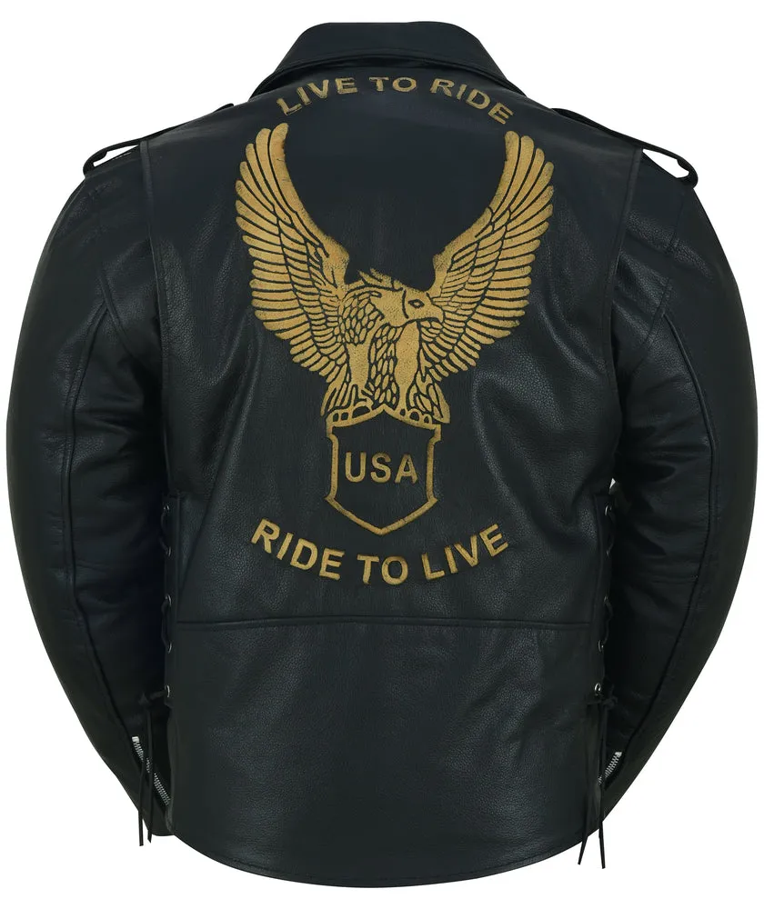 Men's Eagle Embossed Leather Jacket - Live to Ride, Ride to Live, Black