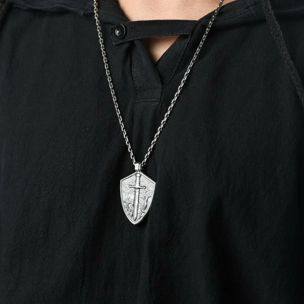 Men’s Real Solid 925 Sterling Silver Pendants Shield Sword Cross Detachable