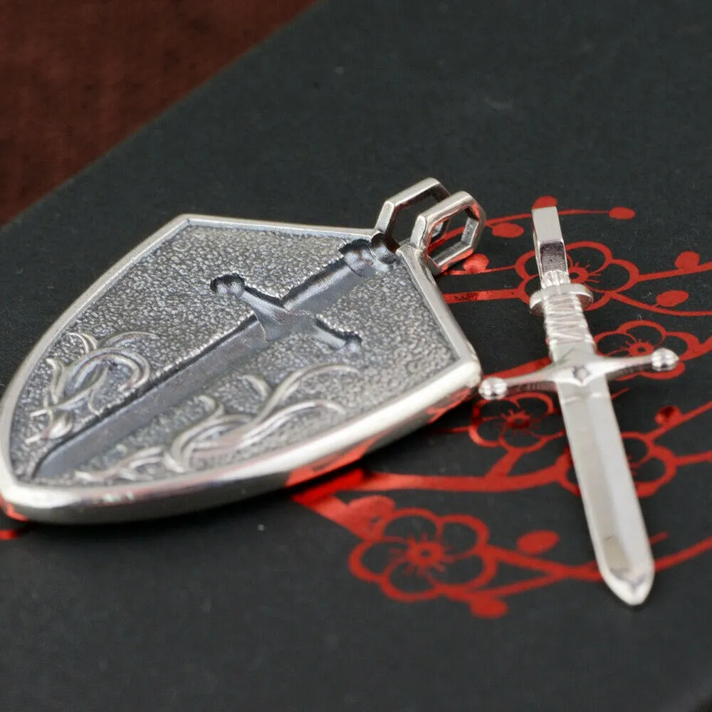 Men’s Real Solid 925 Sterling Silver Pendants Shield Sword Cross Detachable