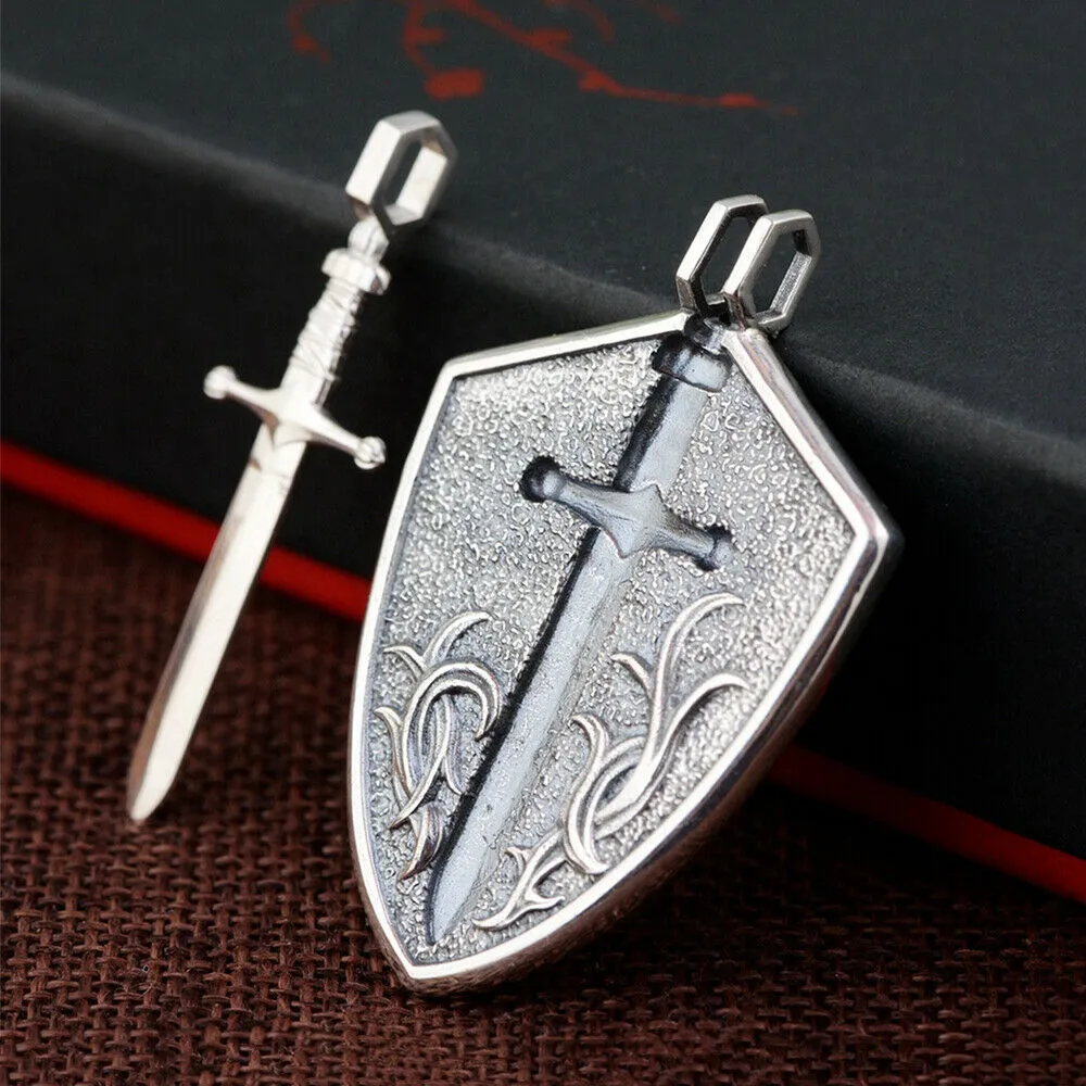 Men’s Real Solid 925 Sterling Silver Pendants Shield Sword Cross Detachable