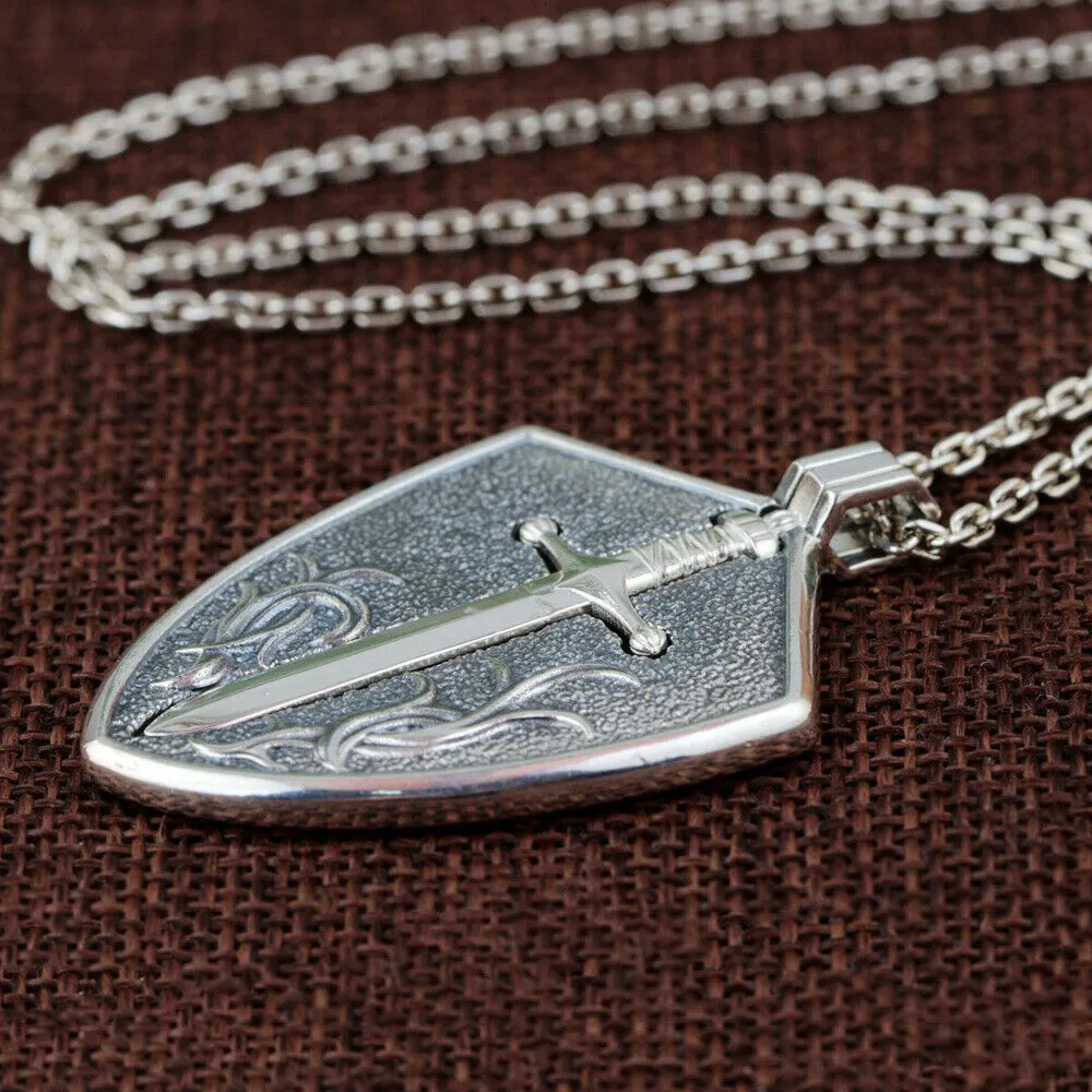Men’s Real Solid 925 Sterling Silver Pendants Shield Sword Cross Detachable