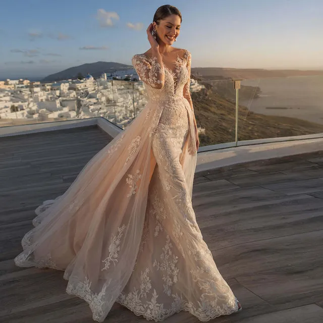 Mermaid Wedding Dresses Button Detachable Train Lace