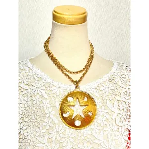 MINT. Vintage Celine gold chain necklace with extra large round top with cut out moon, sun, and star. Rare masterpiece. 060220ac1