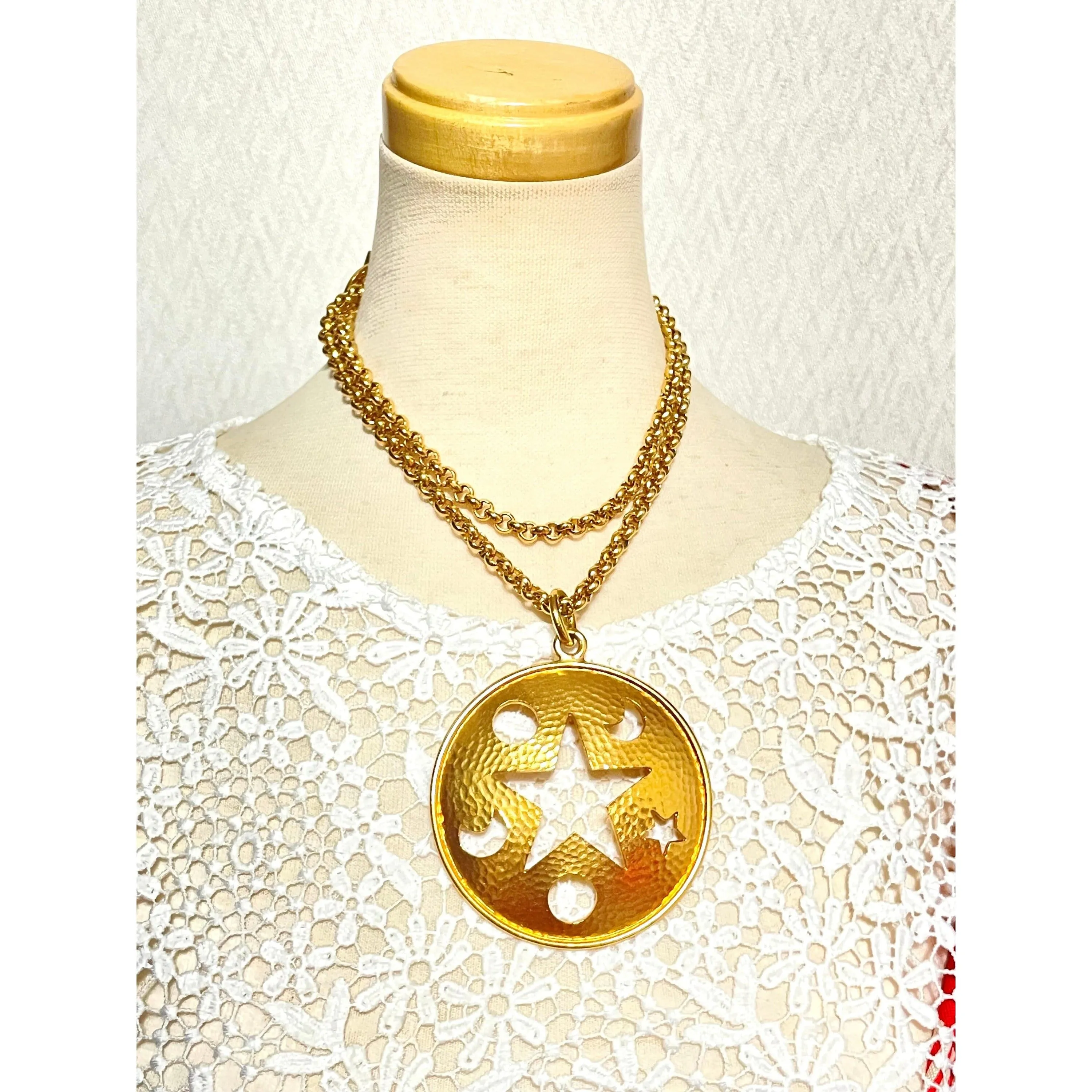 MINT. Vintage Celine gold chain necklace with extra large round top with cut out moon, sun, and star. Rare masterpiece. 060220ac1